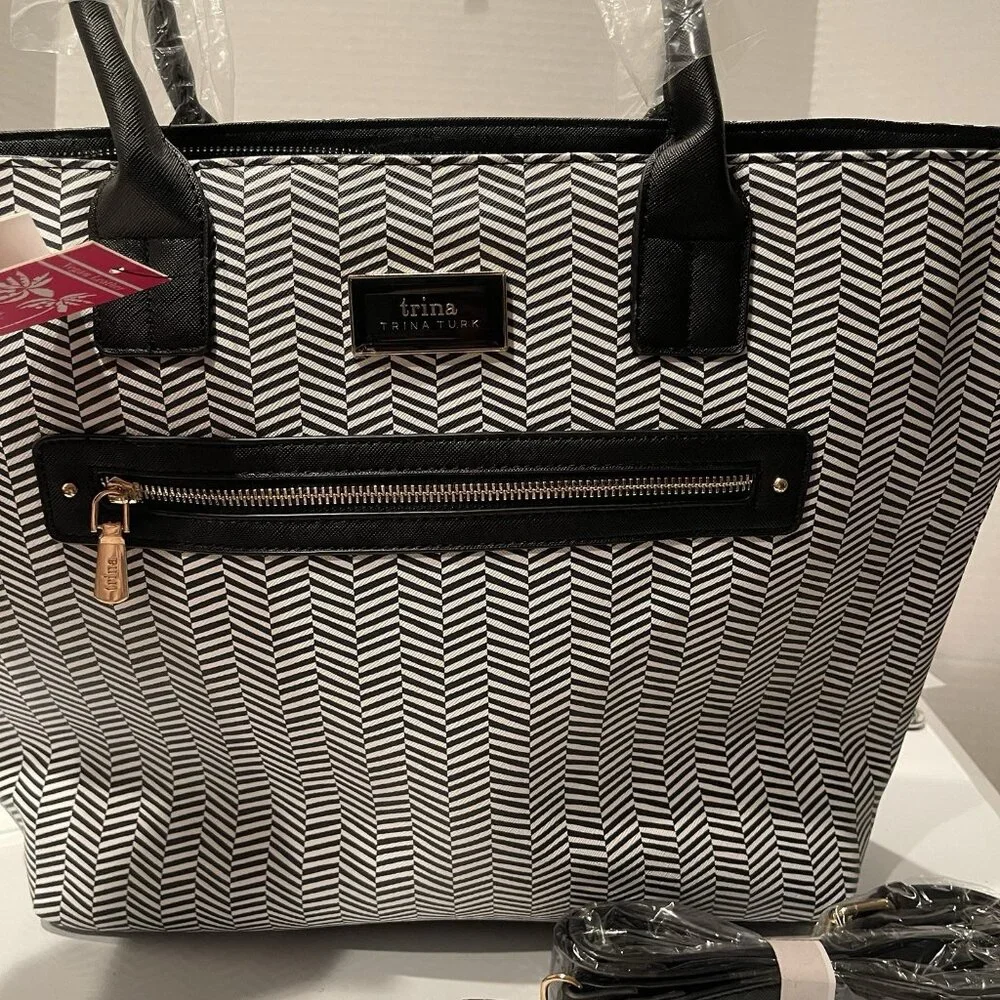 NWT Trina Turk Large Shoulder Tote Bag Black/White W/detachable Strap POOL BEACH